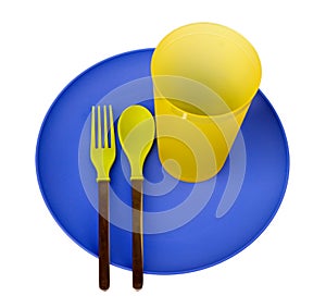 PlasticÂ plate,Â cup,Â spoon and fork